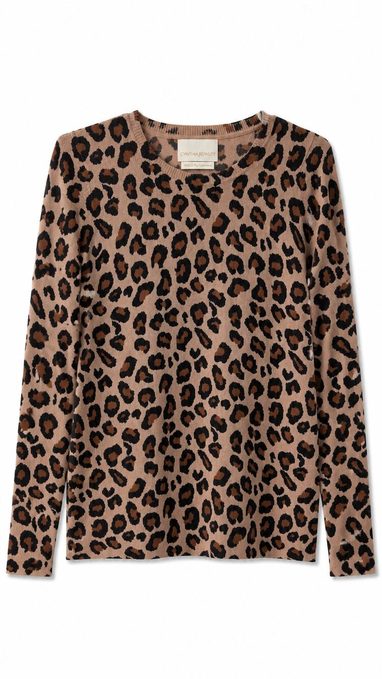 Cynthia Rowley 100% 2-Ply Cashmere Leopard Print Crew Neck Sweater, Size S